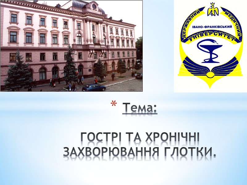 Тема:   ГОСТРІ ТА ХРОНІЧНІ ЗАХВОРЮВАННЯ ГЛОТКИ.